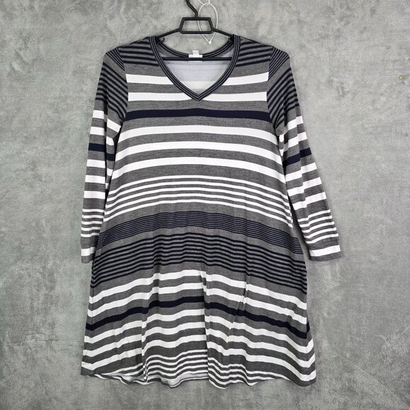 Womens LuLaRoe Gray & White Striped Emily Dress Long Sleeve V Neck Stretch L - Picture 2 of 8